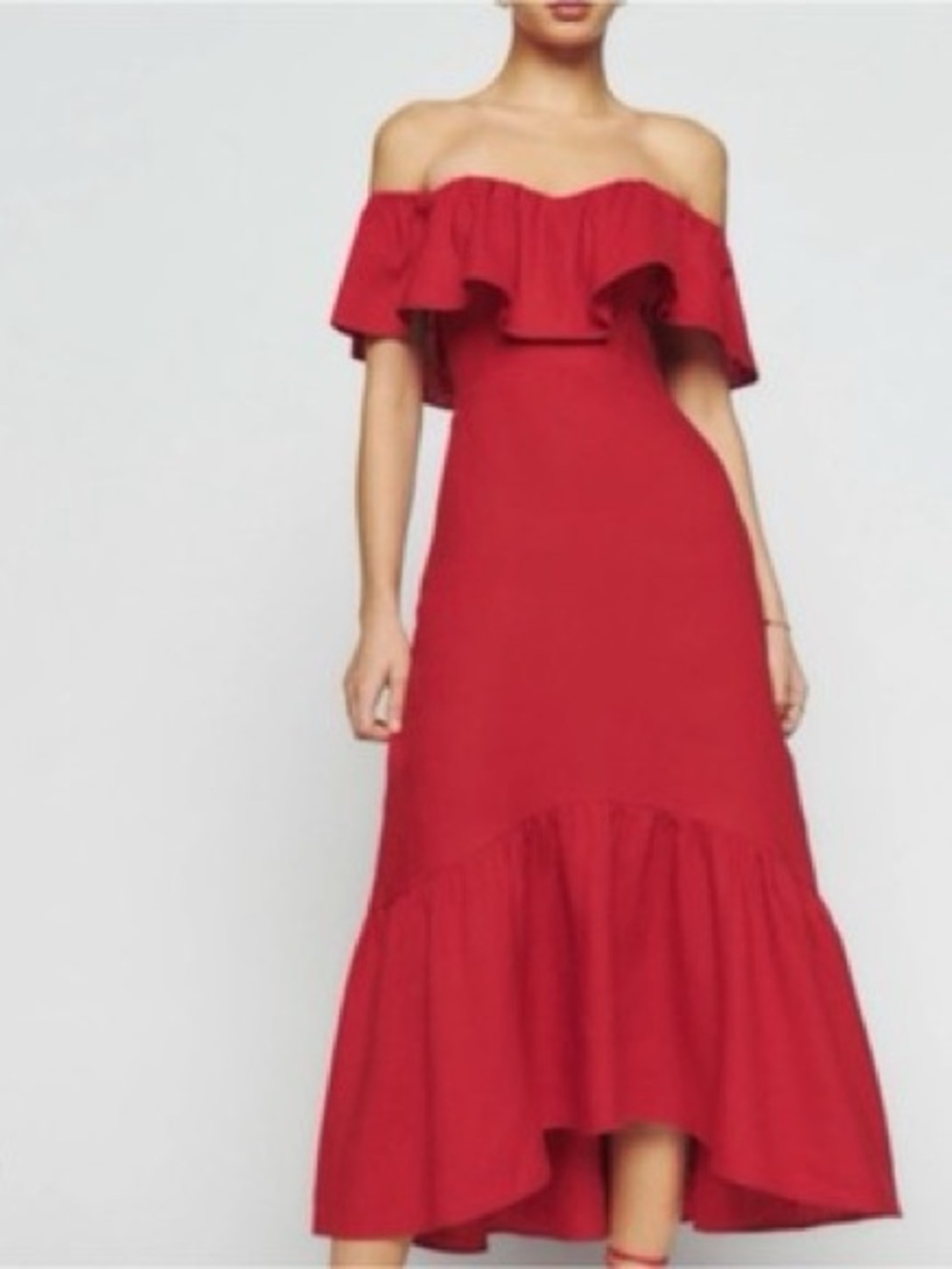 Reformation Red Off-Shoulder Ruffle Midi Dress